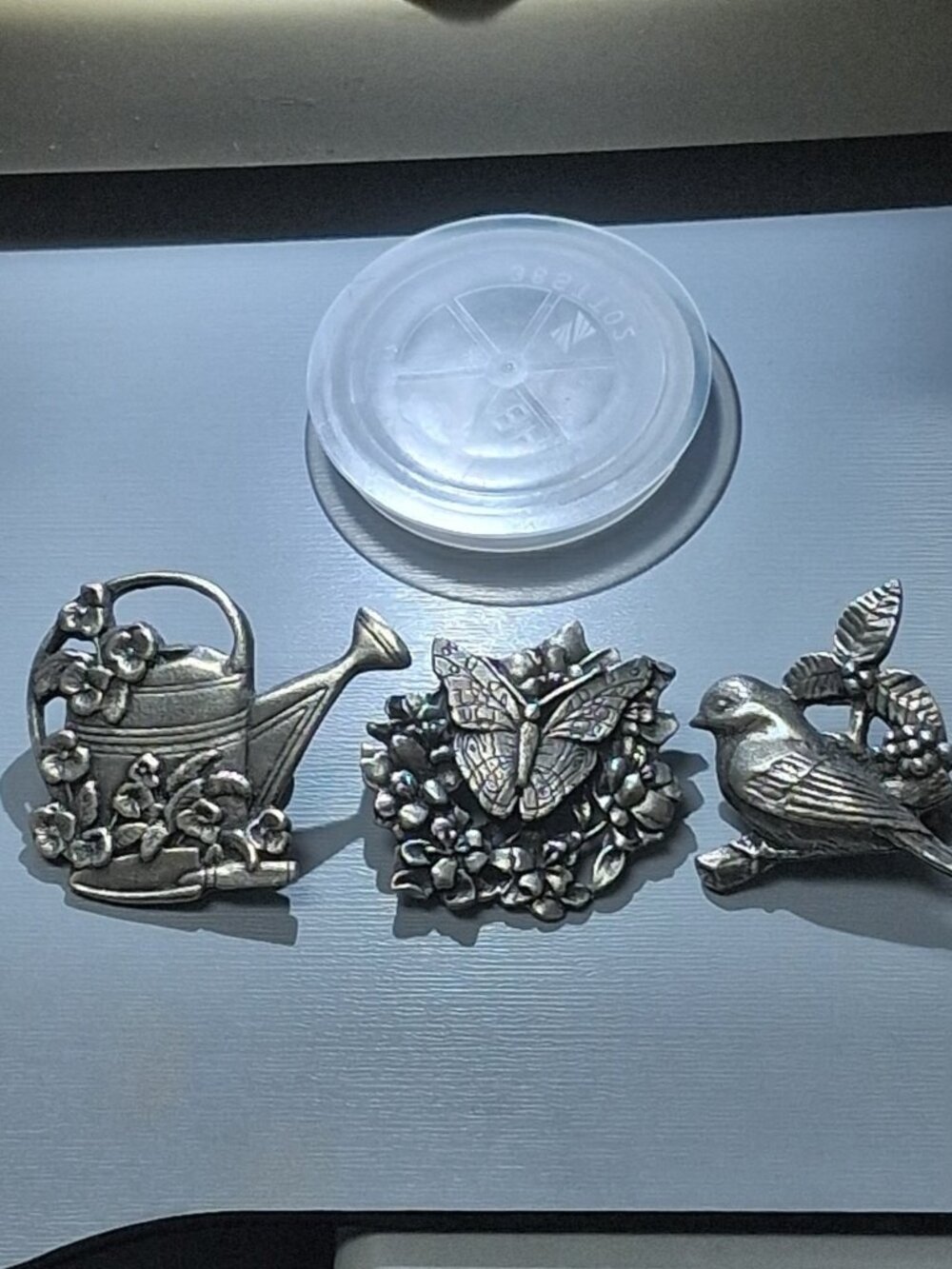 Vintage Bird Bloom Brooch Pin Lot of 3 House Flower Water Can Butterfly Pewter